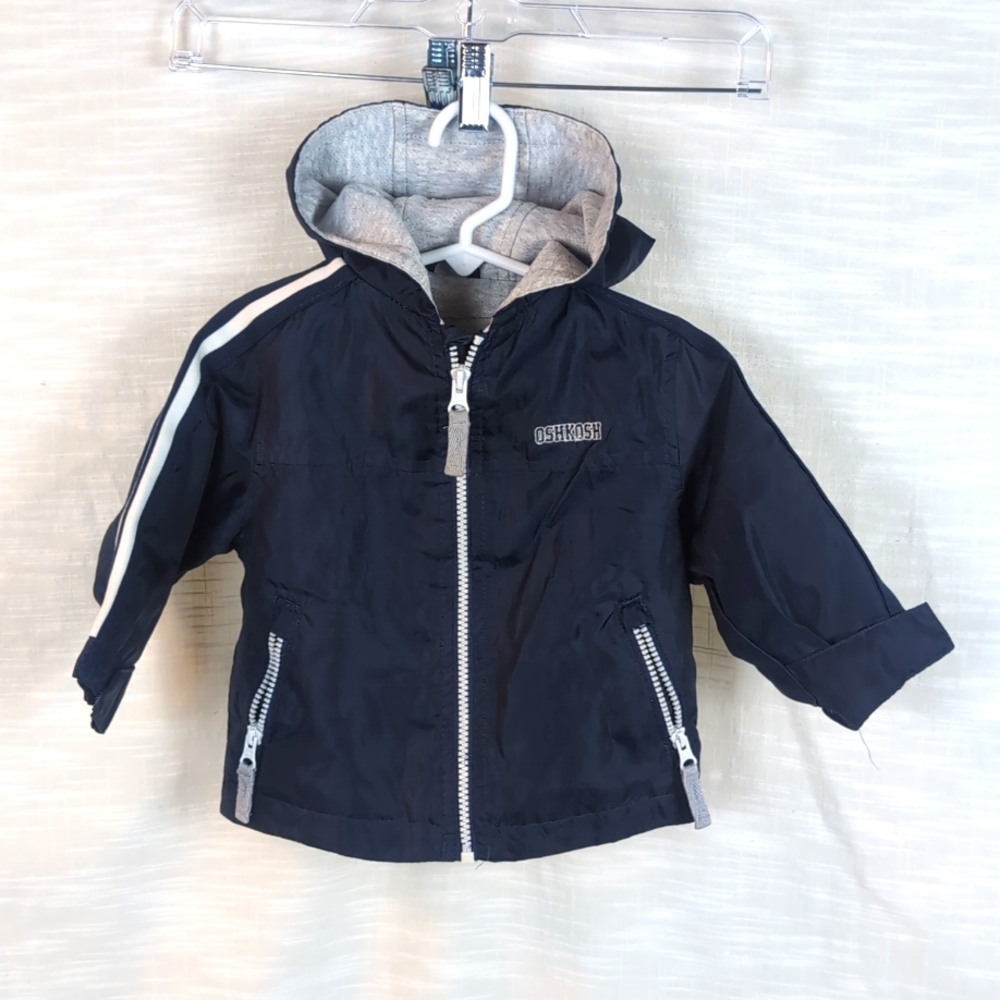 Vintage Oshkosh 12M Navy Blue Full Zip Windbreaker Hooded Track Jacket Lined